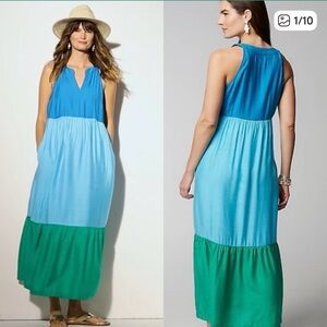 J. Jill Color-Block Tiered Maxi Dress Blue Green Large